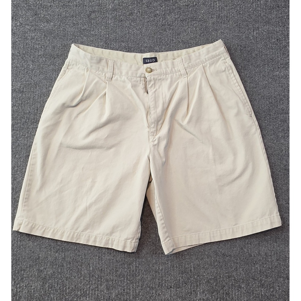 IZOD Mens 32 Khaki Flat Front Chino Shorts Beige Cotton Casual
